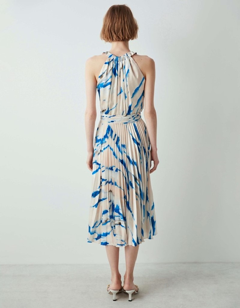 Blue Watercolor Effect Pleated Dress