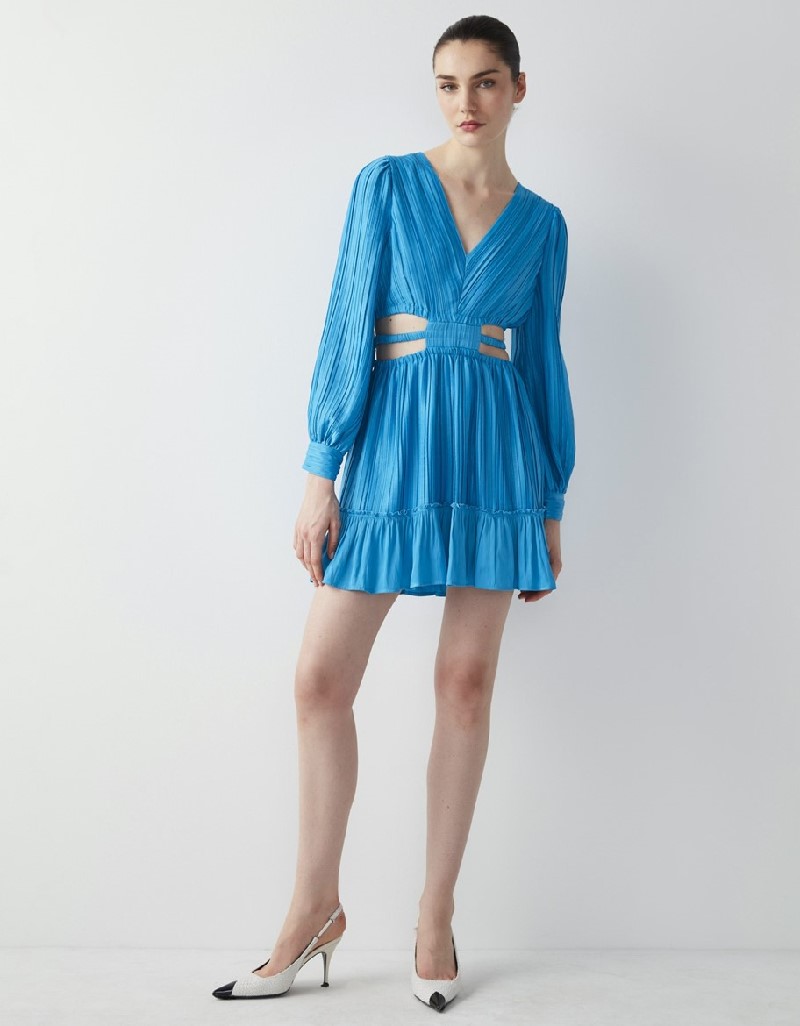 Bright Blue Ruffle Striped Cutout Mini Dress