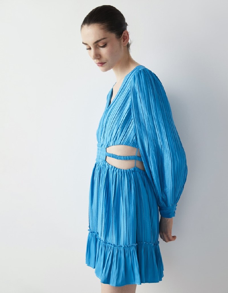 Bright Blue Ruffle Striped Cutout Mini Dress