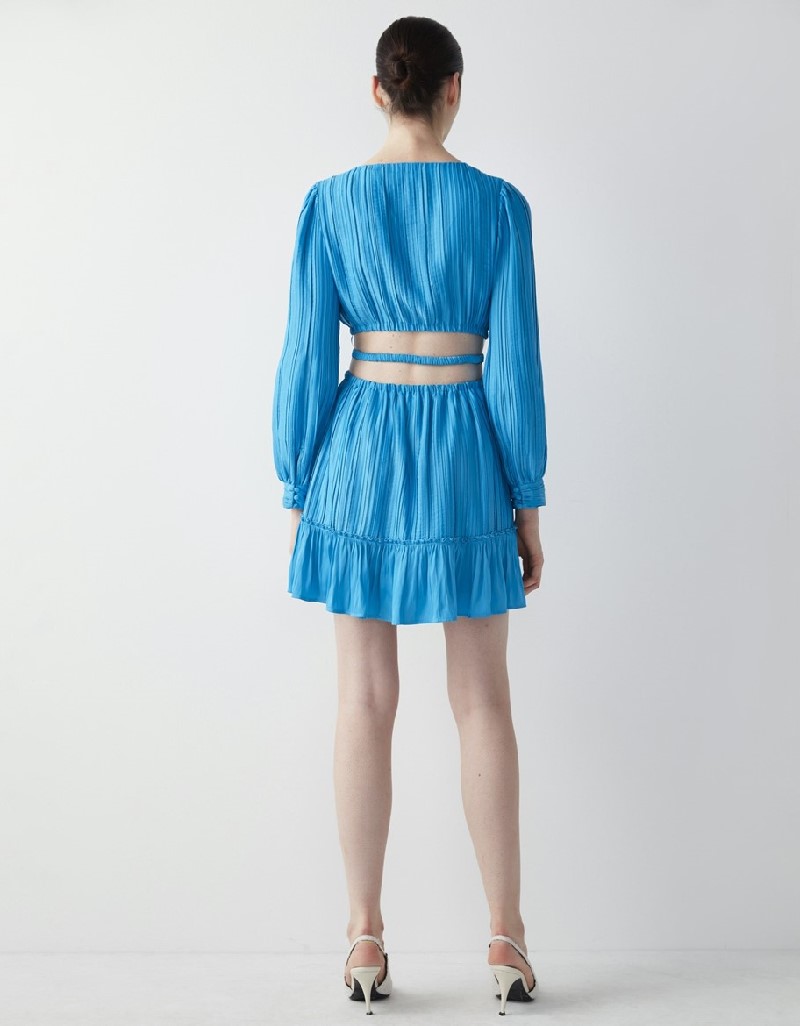 Bright Blue Ruffle Striped Cutout Mini Dress