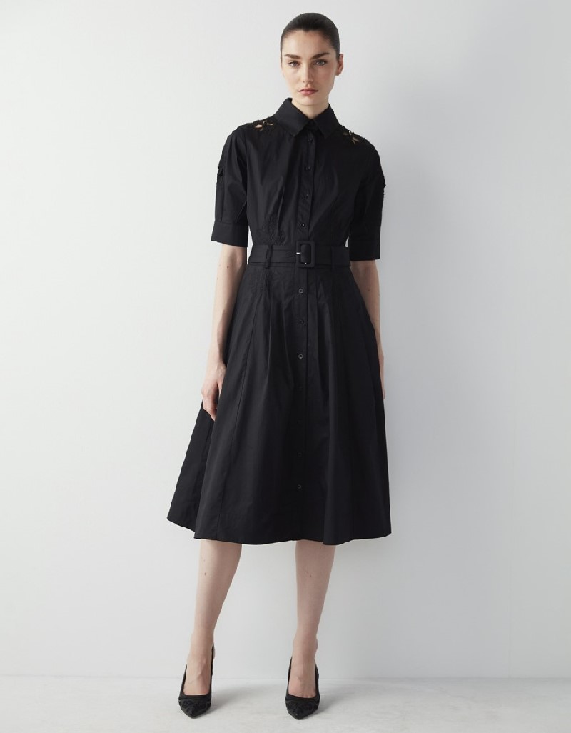 Black Floral Embroidered Midi Shirt Dress