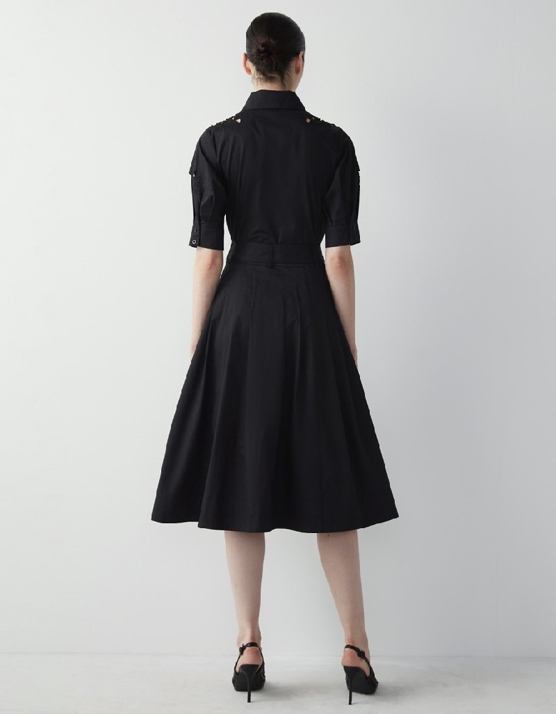 Black Floral Embroidered Midi Shirt Dress