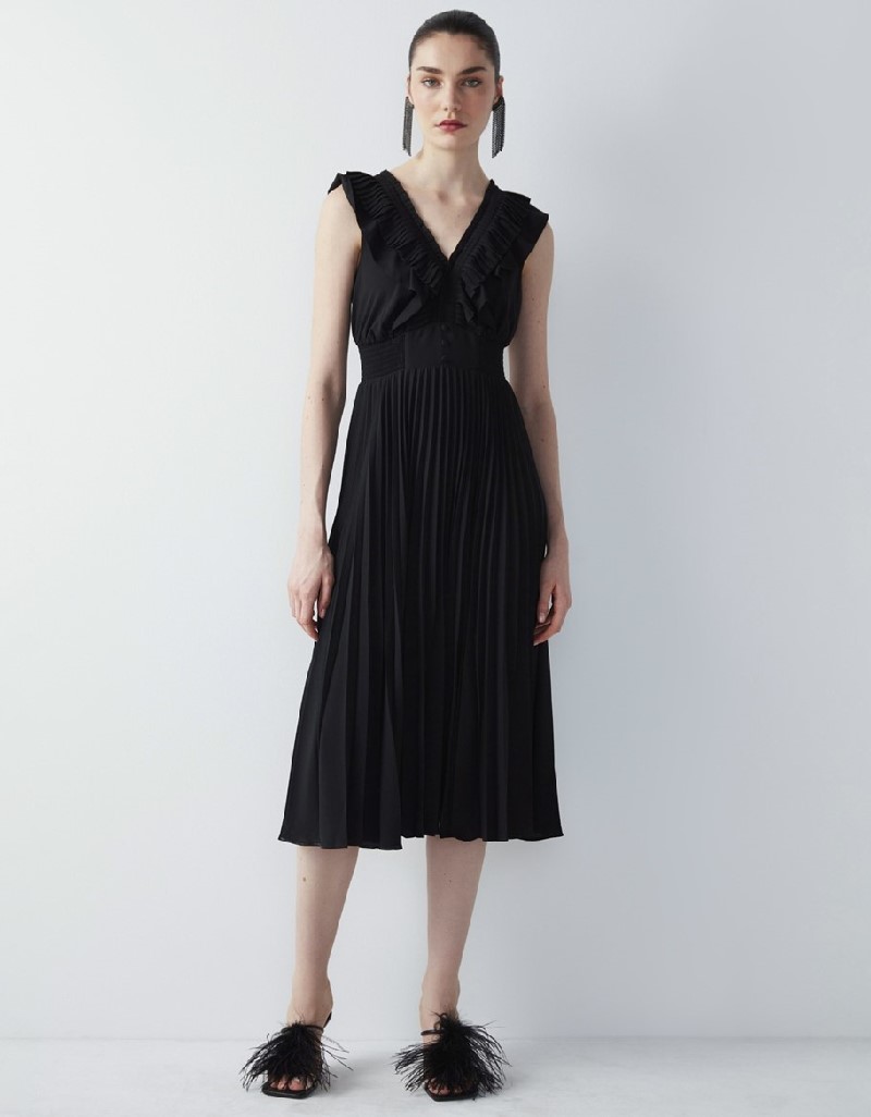 Black Ruffle Striped Pleated Dress