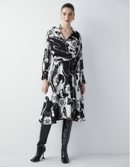 Black Floral Pattern Pleated Shirt Dress