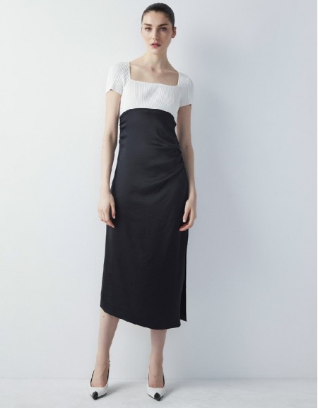 Black Knitwear Mix Midi Satin Dress