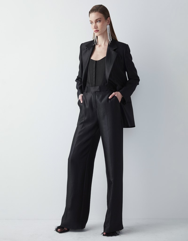 Black Shiny Textured Wide Leg Fit Trousers