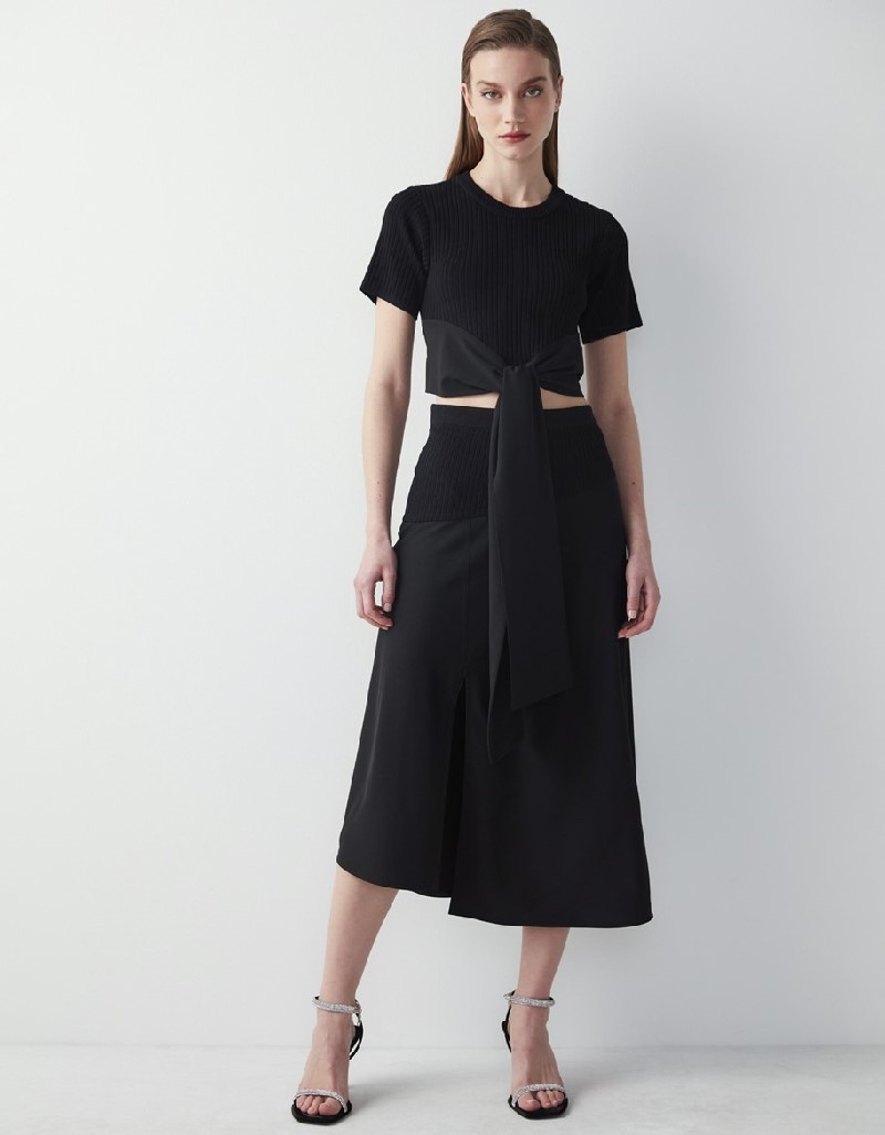 Black Knitwear Mix Crepe Skirt
