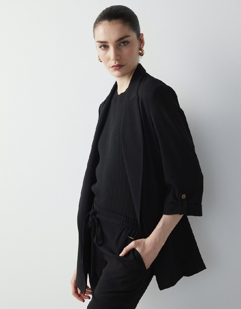 Black Slim Blazer With Monogram Button Accessory
