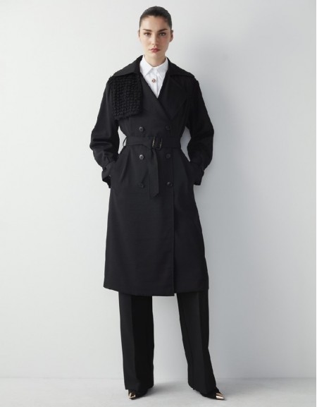 Black Fabric Mix Belt Trench Coat