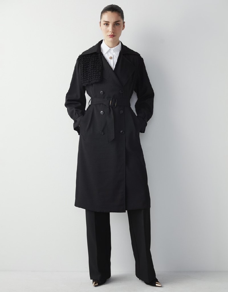 Black Fabric Mix Belt Trench Coat