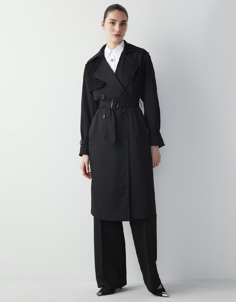 Black Fabric Mix Belt Trench Coat