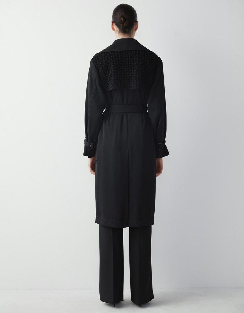Black Fabric Mix Belt Trench Coat
