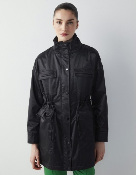 Black Shiny Textured Waist Accent Coat