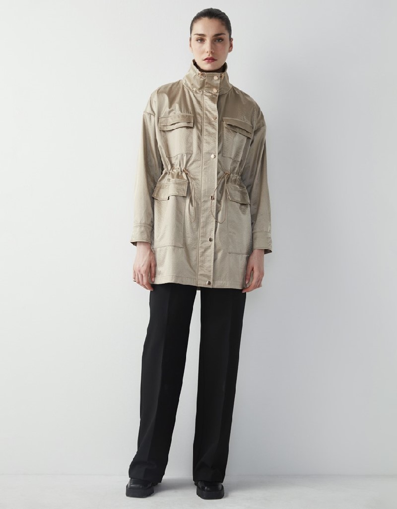 Beige Shiny Textured Waist Accent Coat