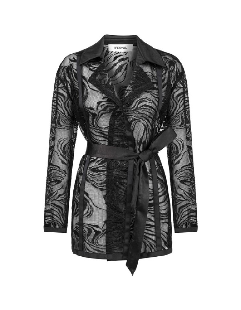 Black Satin Belted Embroidered Jacket