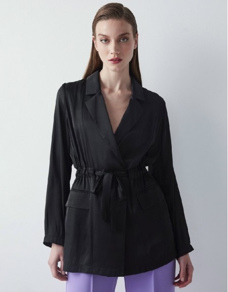Black Adjustable Waist Double Breasted Collar Coat