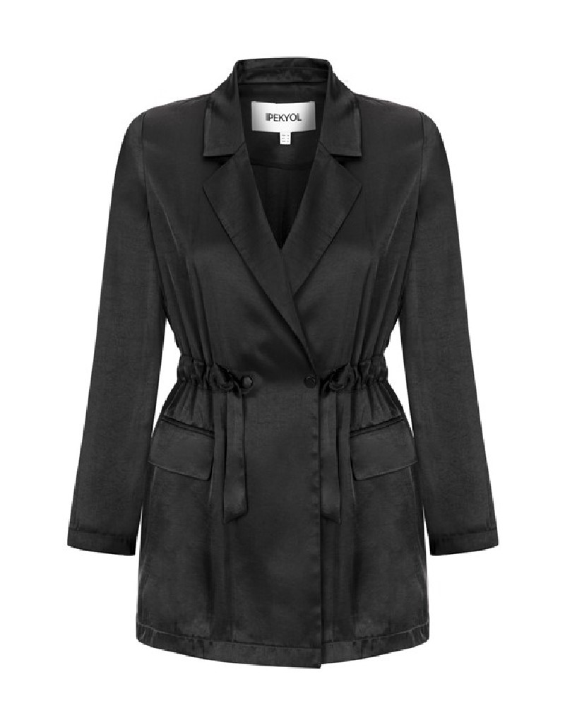 Black Adjustable Waist Double Breasted Collar Coat
