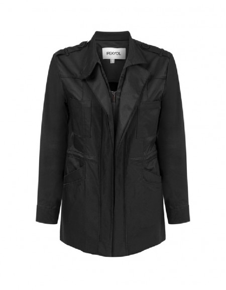 Black Waist Accented Stand Collar Coat