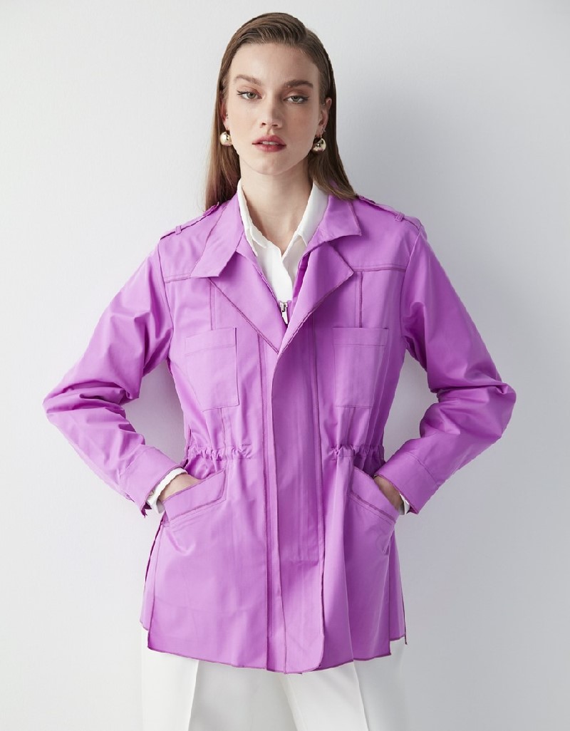 Cyclamen Waist Accented Stand Collar Coat