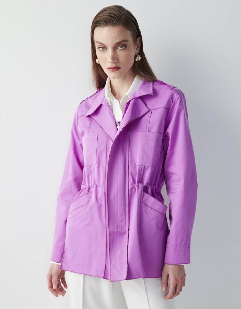 Cyclamen Waist Accented Stand Collar Coat