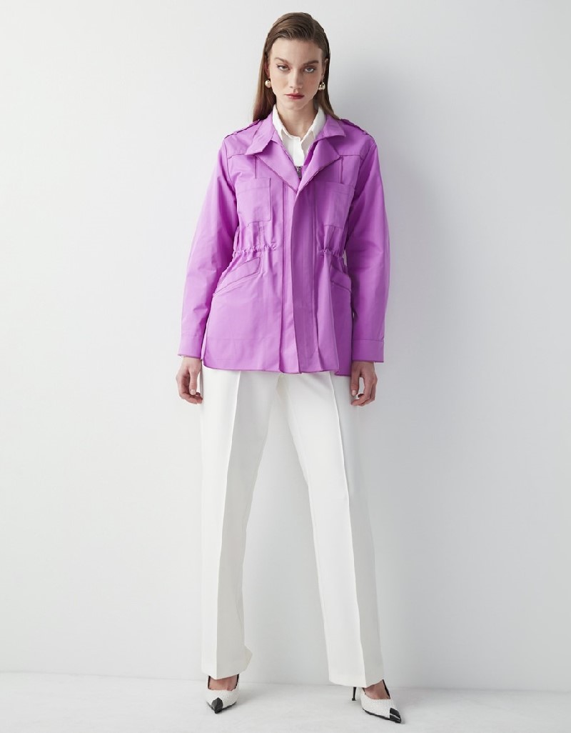 Cyclamen Waist Accented Stand Collar Coat