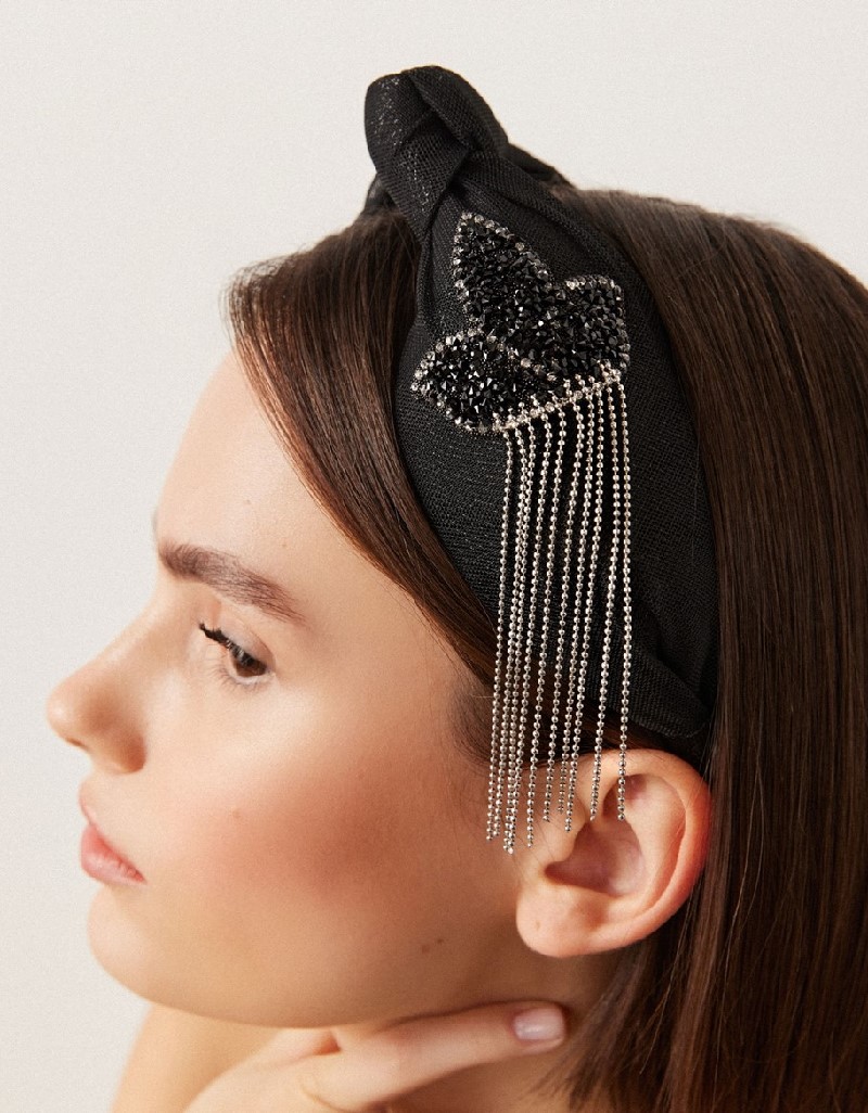Black Hanging Stone Embroidered Hair Accessory On