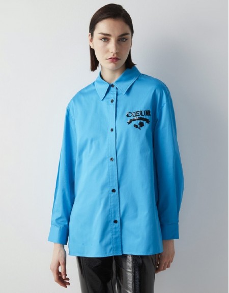 Bright Blue Slogan Embroidered Oversize Shirt
