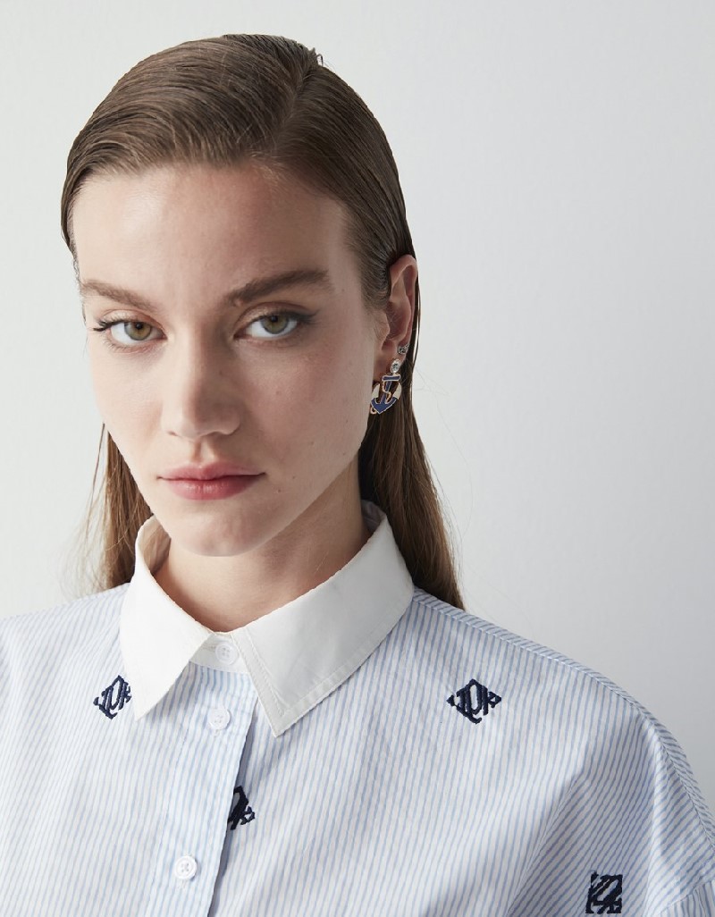 Blue Silk Embroidered Striped Poplin Shirt