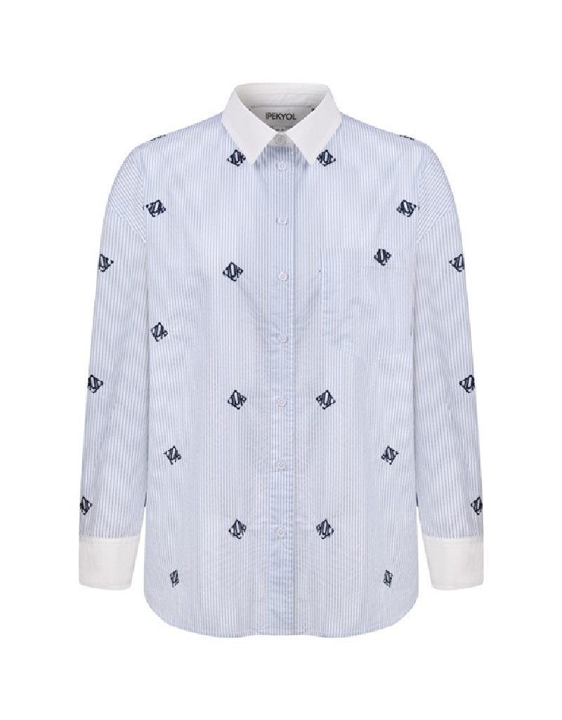 Blue Silk Embroidered Striped Poplin Shirt