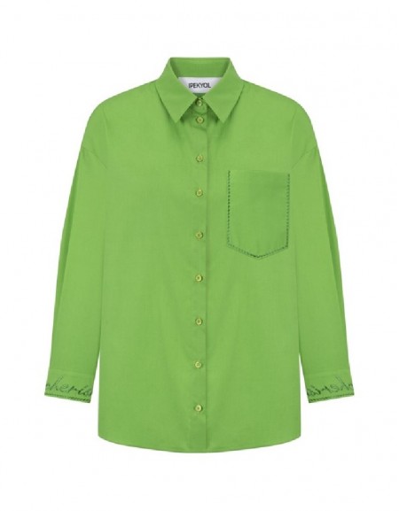 Bright Green Embroidered Pocket Detailed Shirt