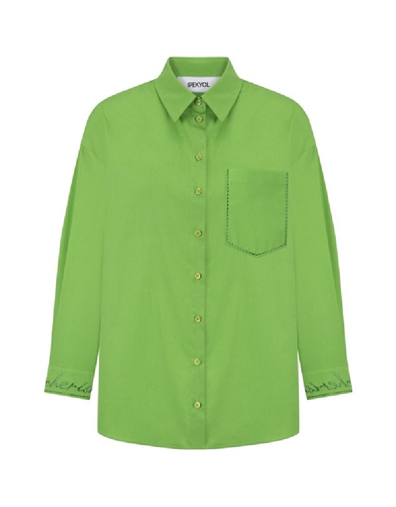 Bright Green Embroidered Pocket Detailed Shirt
