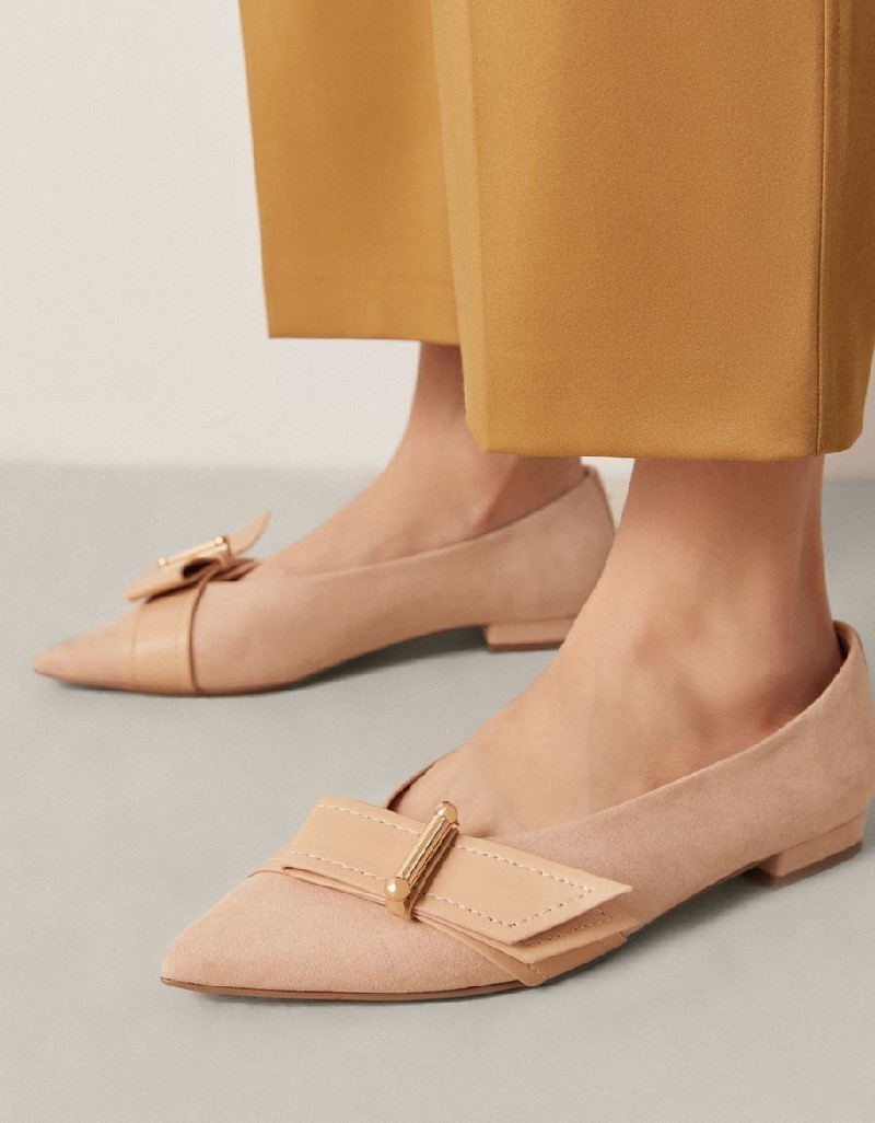 Beige Metal Buckled Pointed Toe Flats