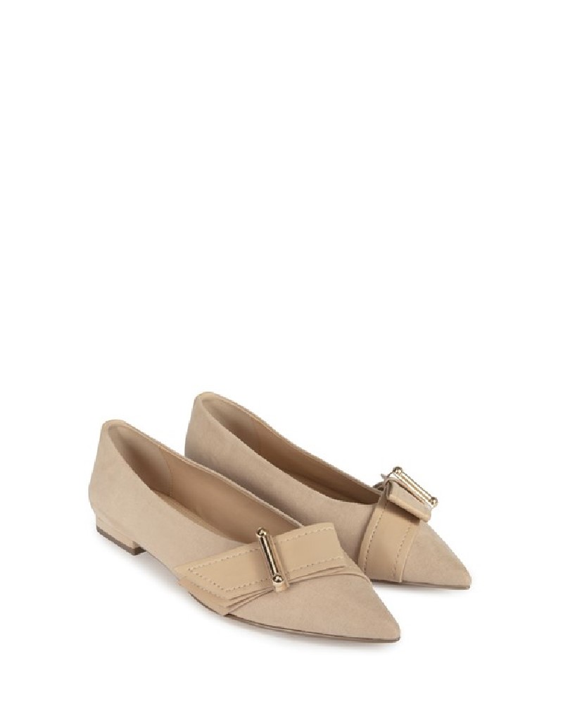 Beige Metal Buckled Pointed Toe Flats