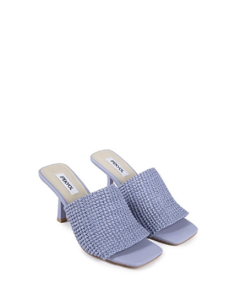 Blue Straw Look Heeled Slippers