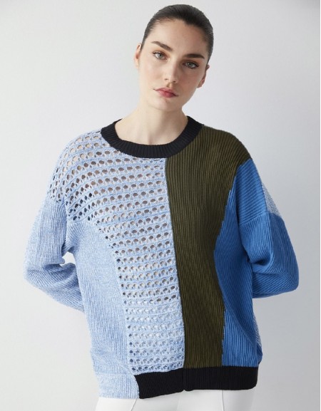 Blue Colorblock Mesh Garnished Knitwear