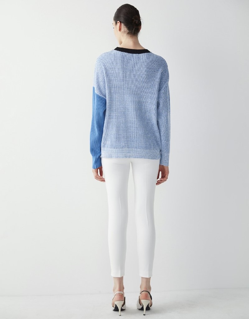 Blue Colorblock Mesh Garnished Knitwear