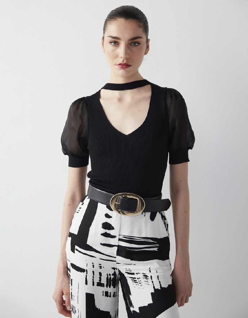 Black Organza Mix Balloon Sleeve Knitwear