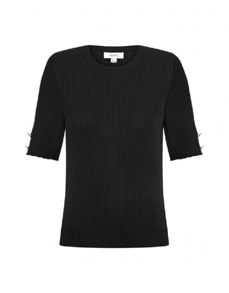 Black Button Accessory Ribbed Collar Knitwear