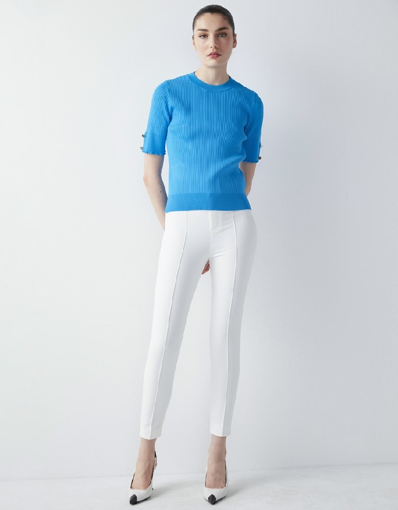 Blue Button Accessory Ribbed Collar Knitwear