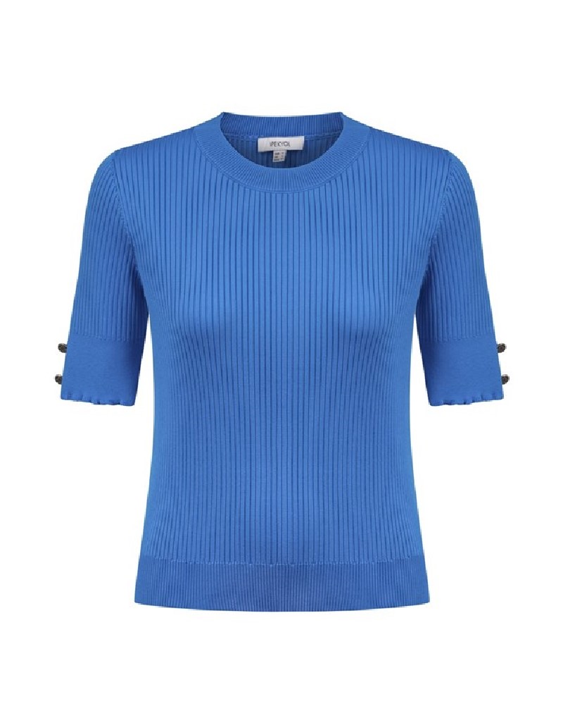 Blue Button Accessory Ribbed Collar Knitwear