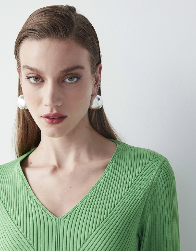 Bright Green Ribbed V Neck Knitwear