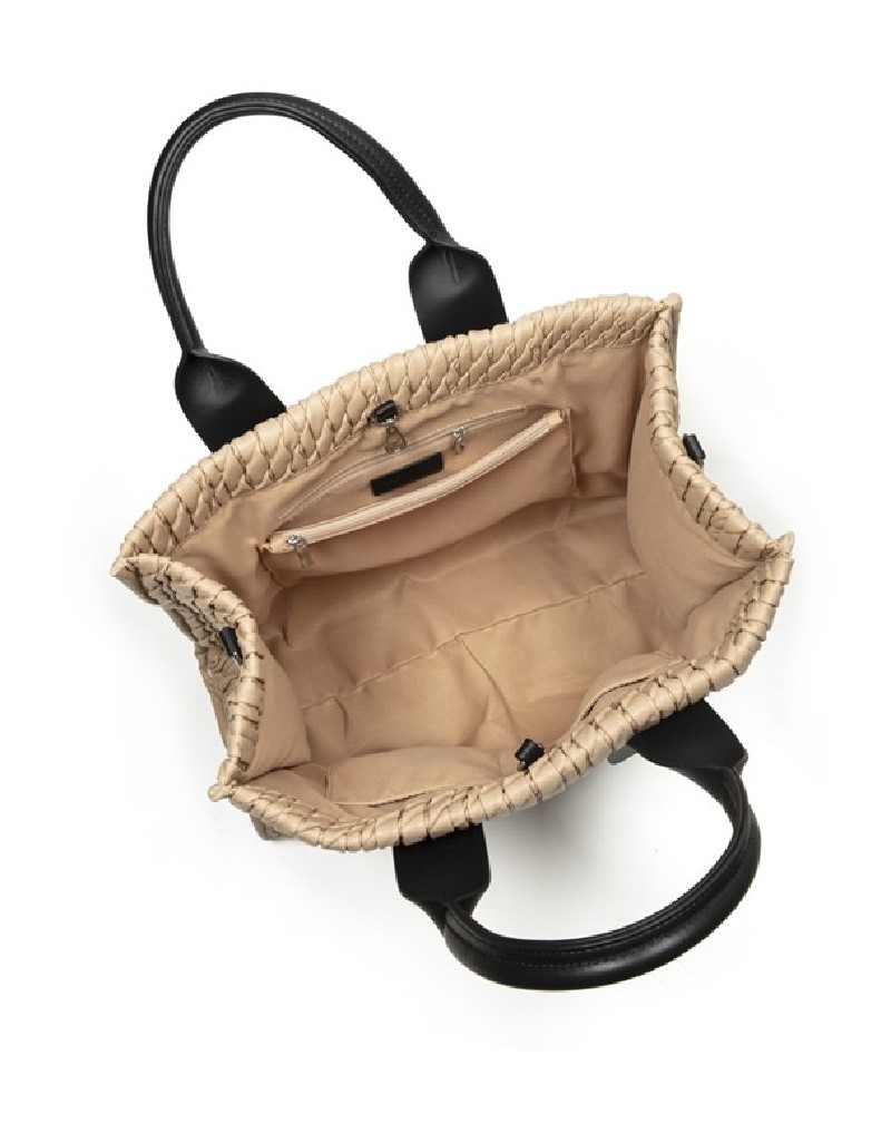 Beige Textured Contrast Handle Bag
