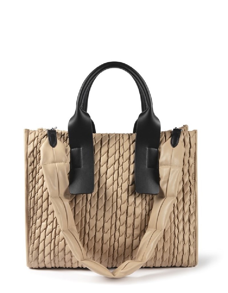 Beige Textured Contrast Handle Bag