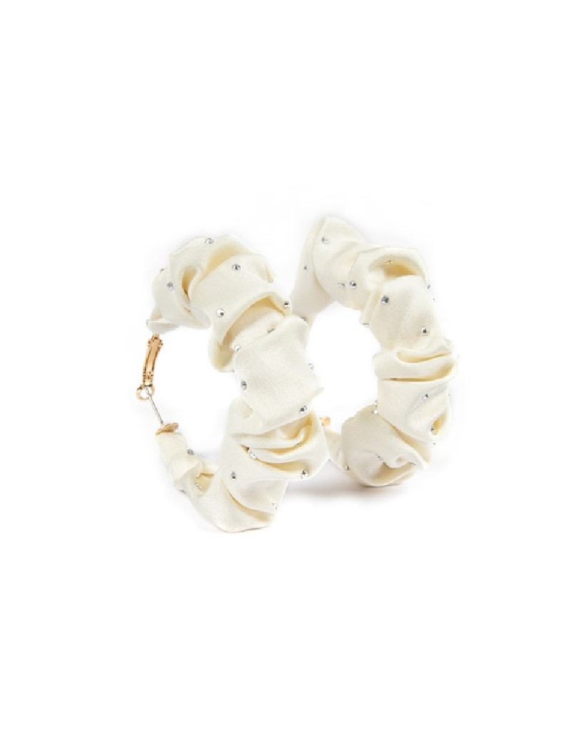 Cream  Crystal Stone Printed Fabric Hoop Earrings