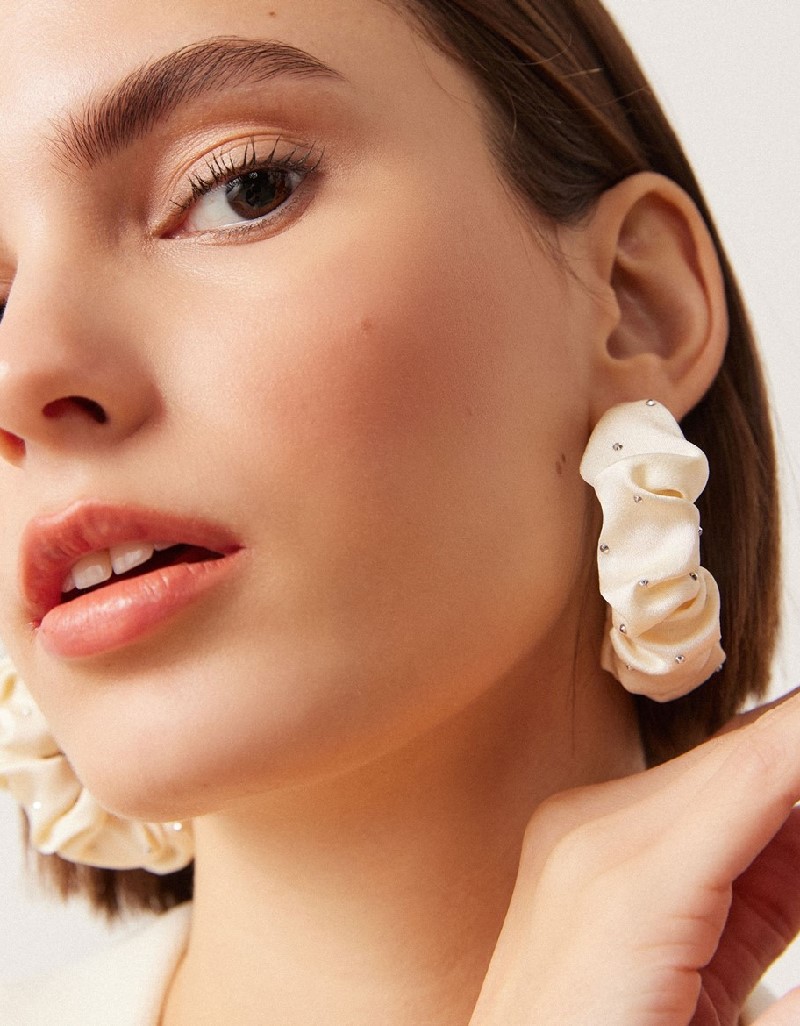 Cream  Crystal Stone Printed Fabric Hoop Earrings