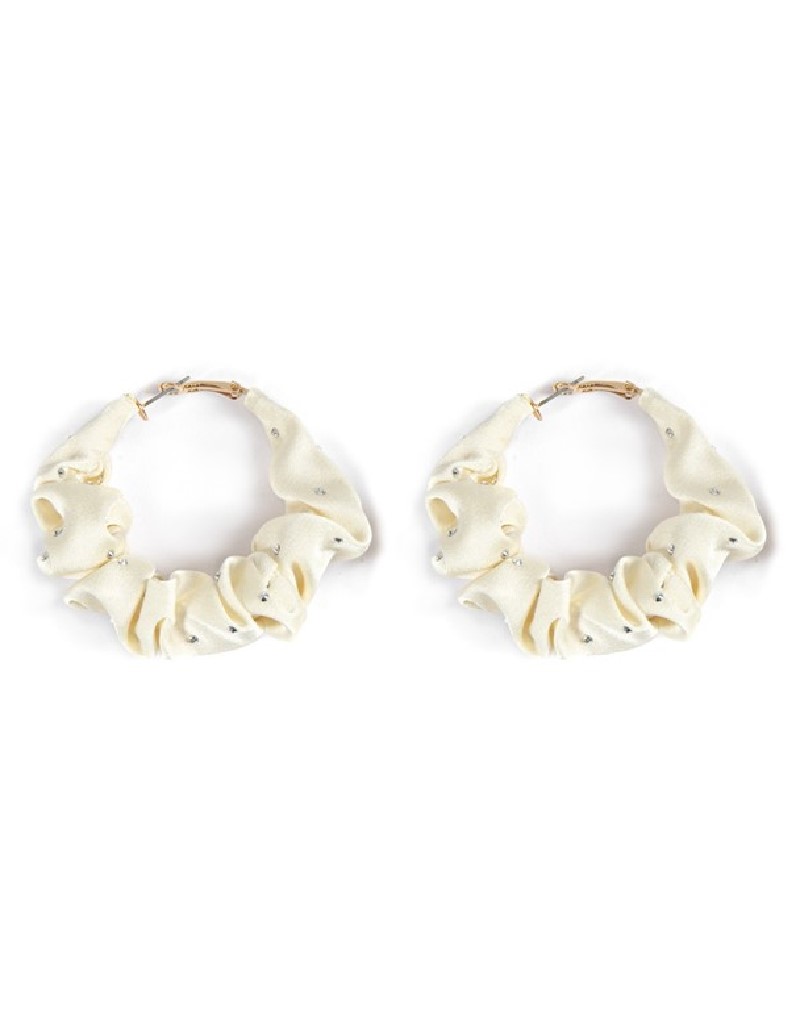 Cream  Crystal Stone Printed Fabric Hoop Earrings