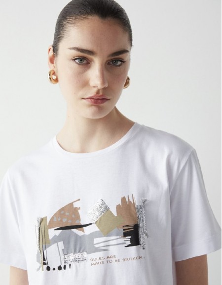 White Crew Neck Visual Printed T-Shirt