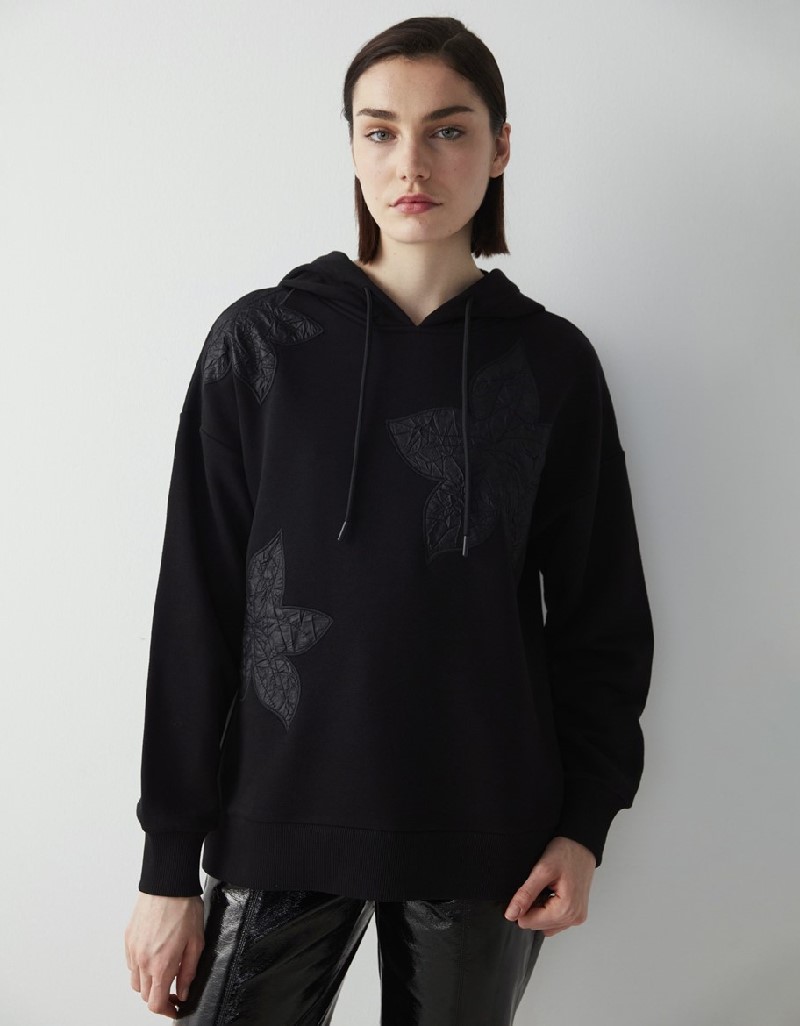 Black Floral Embroidery Casual Fit Sweatshirt