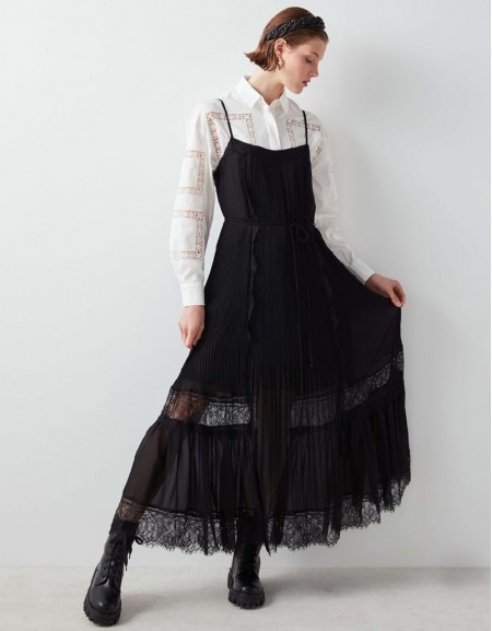 Black Pleated Dress With Lace Trim