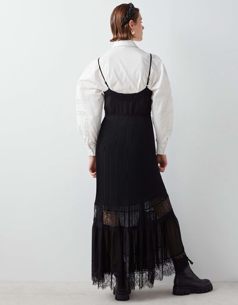 Black Pleated Dress With Lace Trim